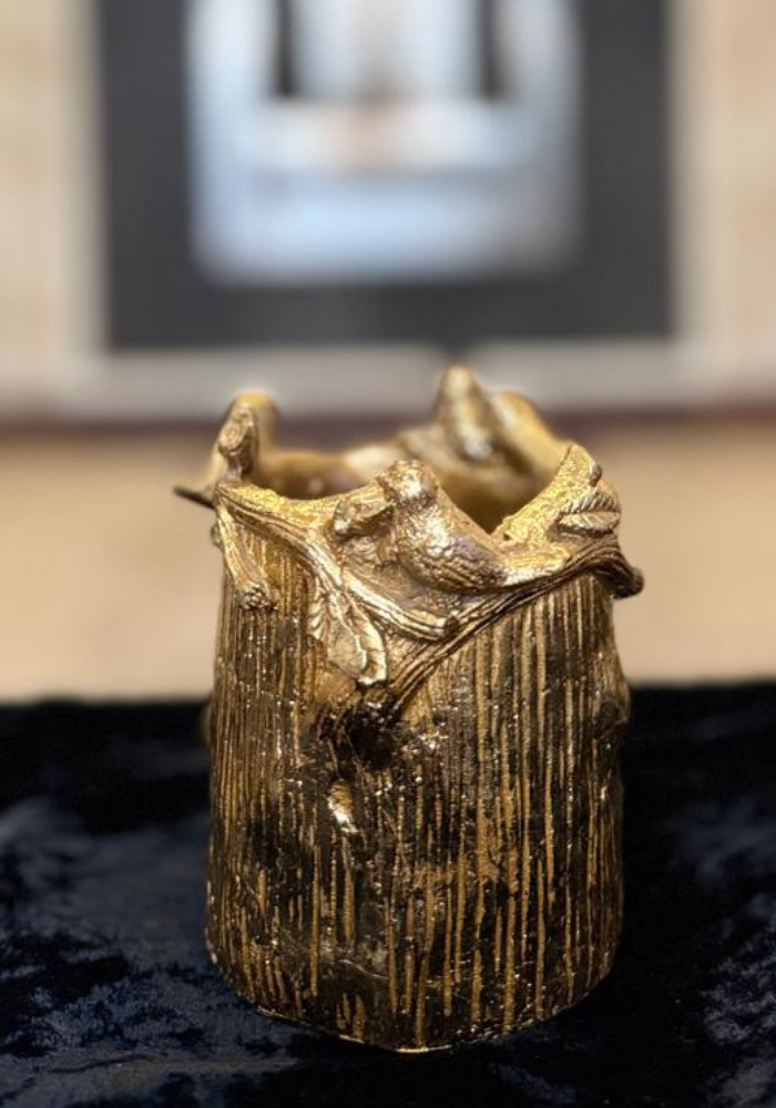 Gold Nesting Birds Pen Holder / Candle Holder