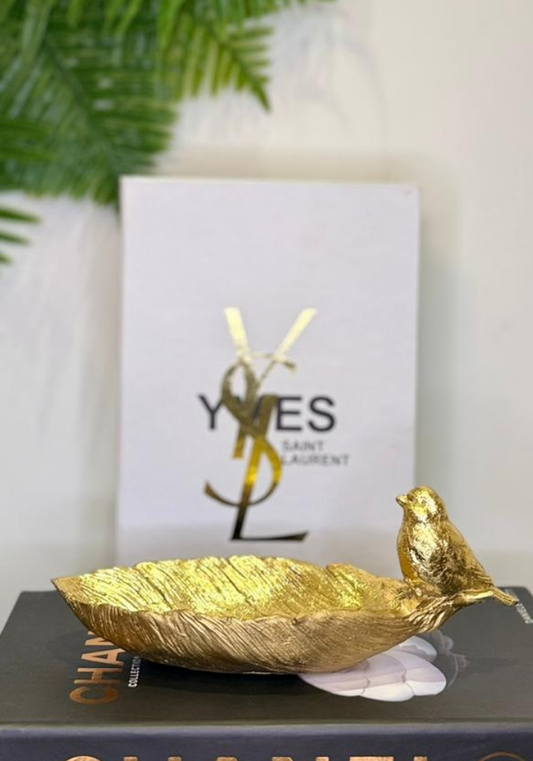 Gilded Sparrow Trinket Dish | Gold Feather/Leaf Tray