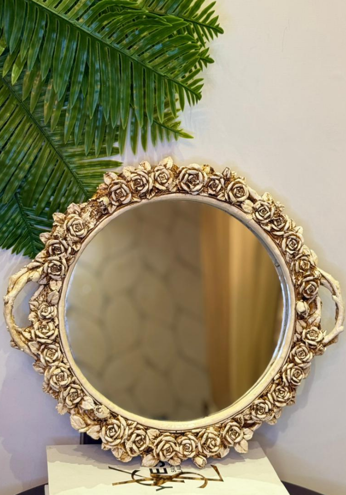 Floral Decorative Mirror with Handles | Elegant Vintage-Inspired Vanity and  Serving Mirror