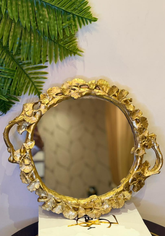 Gold Floral Decorative Mirror with Handles | Luxury Vintage-Inspired Vanity and Serving Mirror