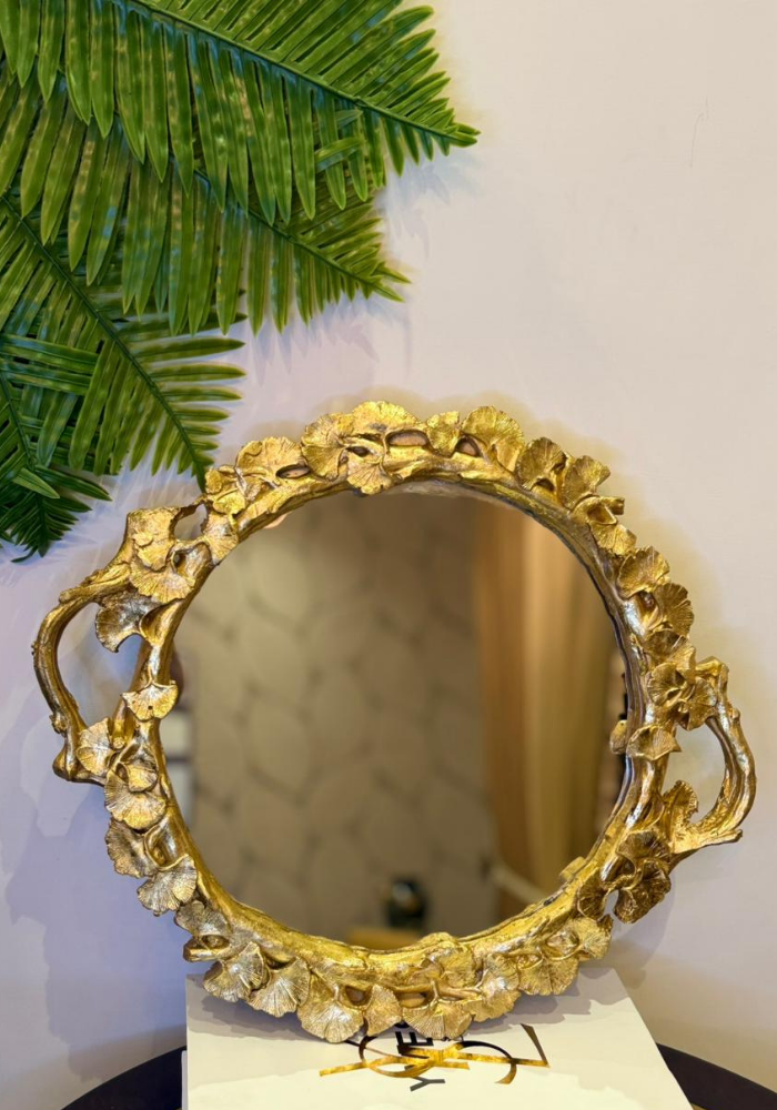 Gold Floral Decorative Mirror with Handles | Luxury Vintage-Inspired Vanity and Serving Mirror