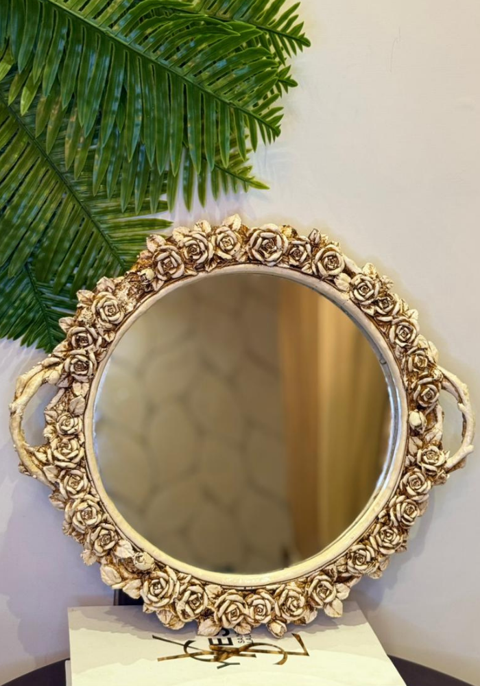 Floral Decorative Mirror with Handles | Elegant Vintage-Inspired Vanity and  Serving Mirror