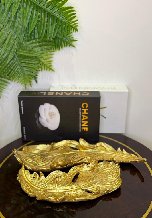 Luxury Gilded Botanical Tray Set – Feather Leaves Design | Elegant Home Decor
