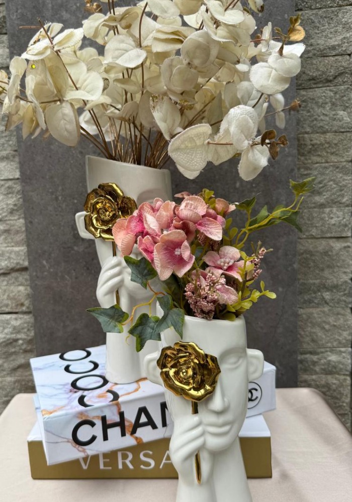 The Golden Gaze: White Face Vase (Ceramic & Gold Accents)