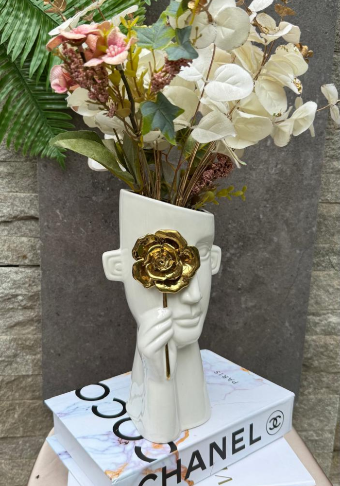 The Golden Gaze: White Face Vase (Ceramic & Gold Accents)