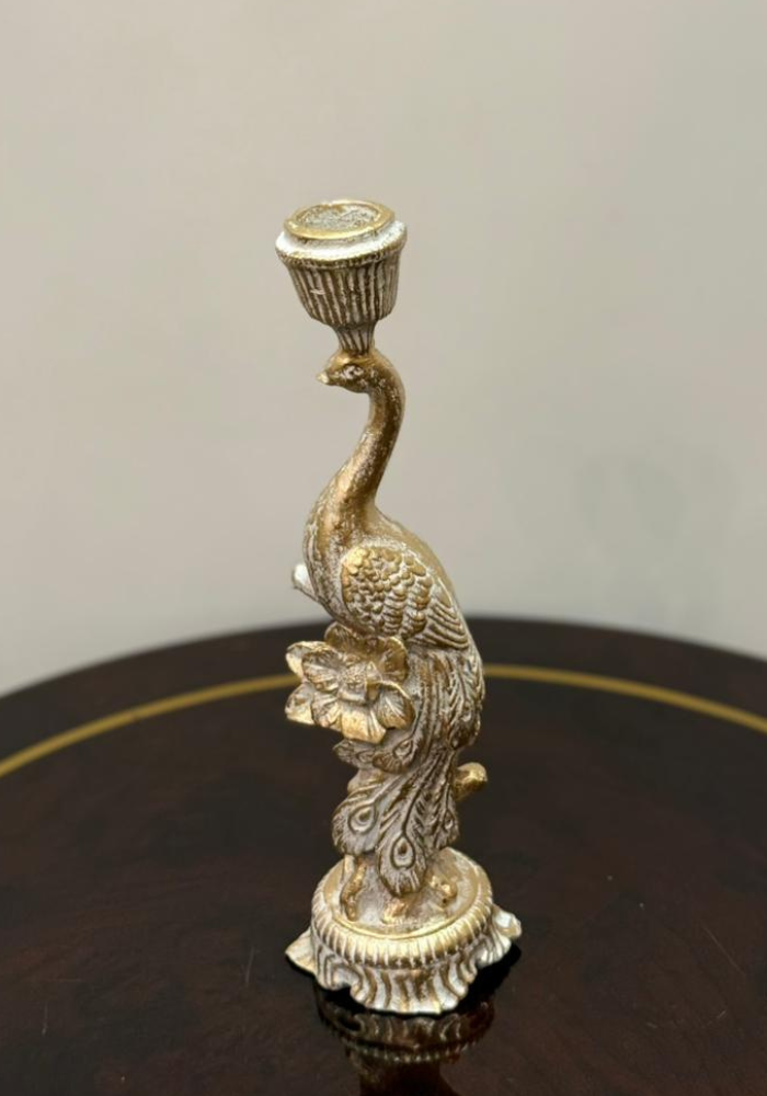 Antique White Gold Peacock Candle Holder – Elegant Bird Design