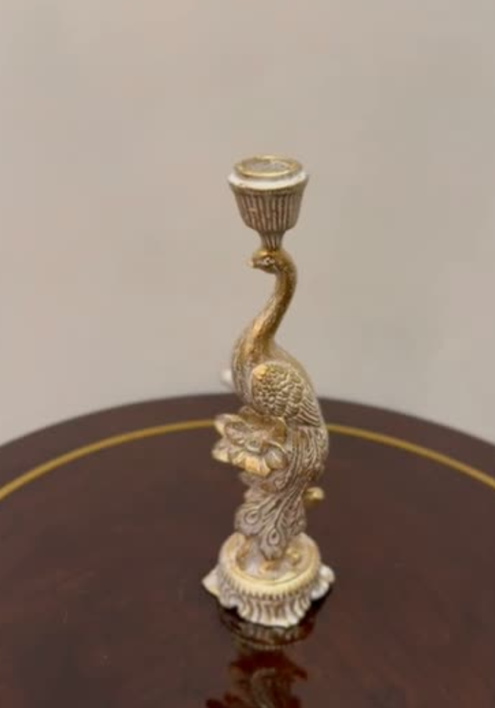 Antique White Gold Peacock Candle Holder – Elegant Bird Design