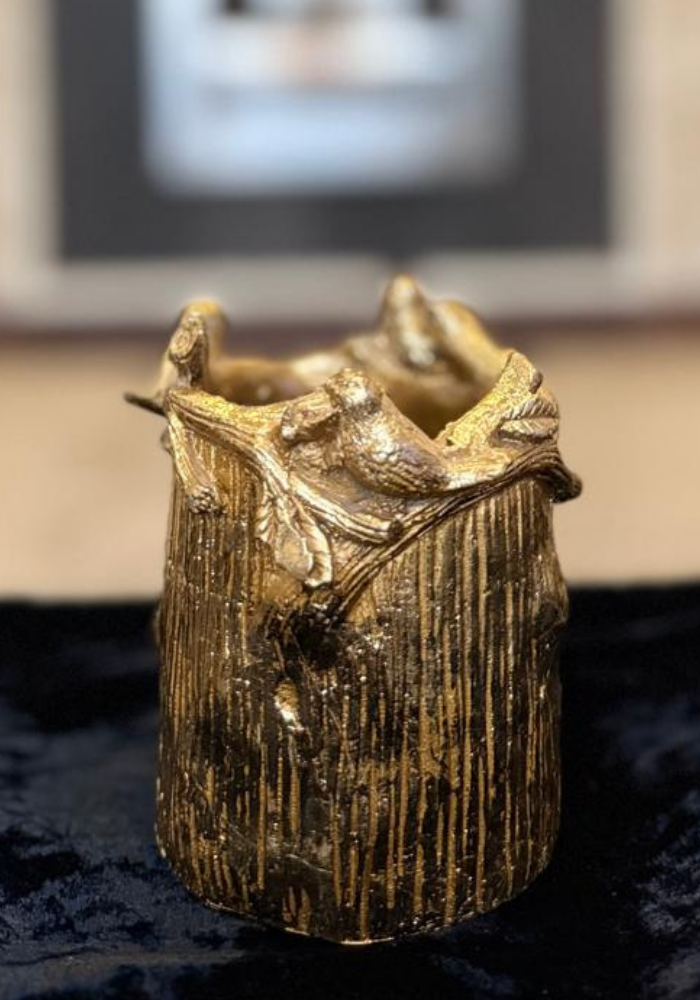 Gold Nesting Birds Pen Holder / Candle Holder