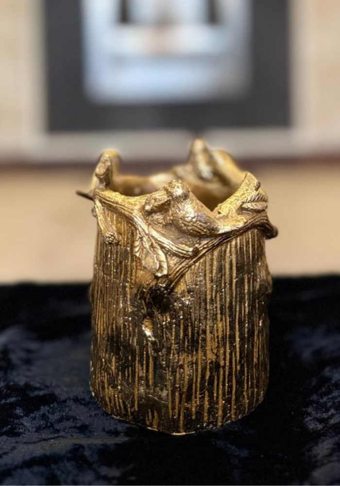 Gold Nesting Birds Pen Holder / Candle Holder