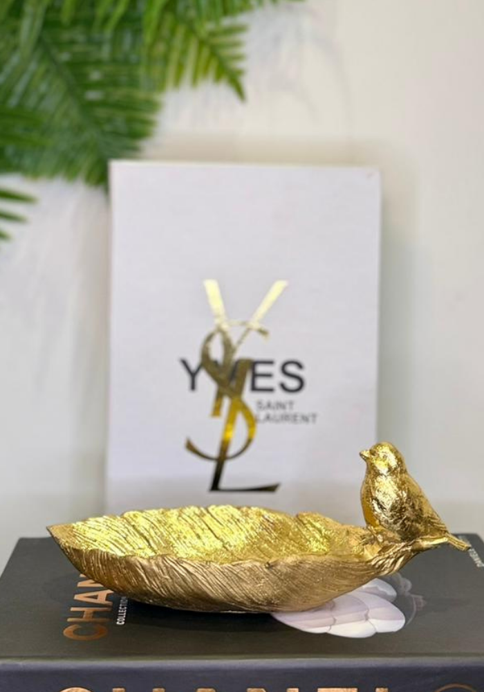 Gilded Sparrow Trinket Dish | Gold Feather/Leaf Tray