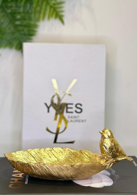 Gilded Sparrow Trinket Dish | Gold Feather/Leaf Tray
