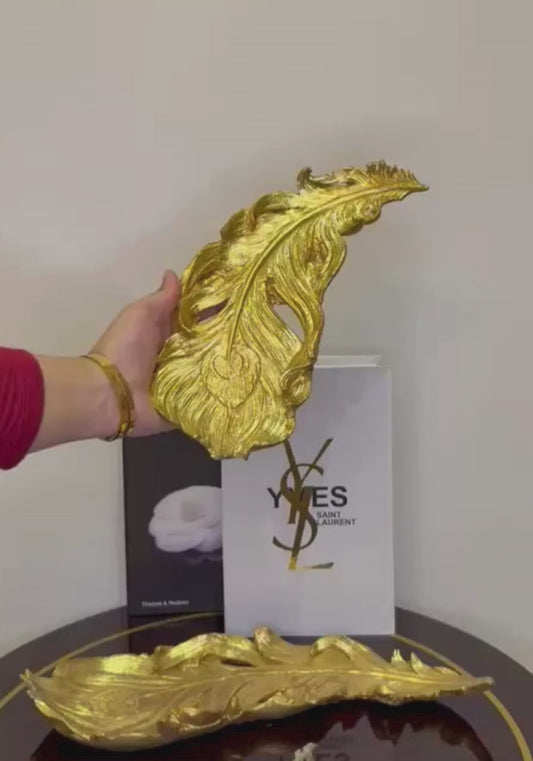 2-Piece Luxury Gilded Botanical Tray Set | Feather Leaves